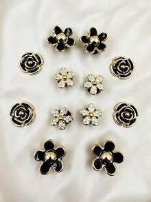 12pcs Gold Flower Shoe Charms - Made Of Durable ABS Material, Hollow Design, Suitable For Sneakers, Sandals And Slippers, Perfect For Mother's Day, Christmas And Other Holiday DIY Shoe Decorations, Shoe Charms | Flower Shoe Charms | Hollow Shoe Charms - Black - View 2