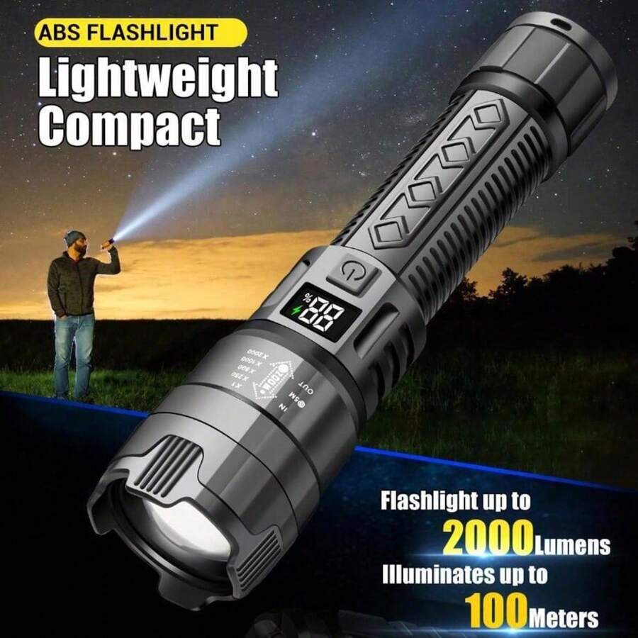 1个高亮LED手电筒,便携式防水可充电手电筒,USB-C充电多功能变焦伸缩手电筒,适用于户外徒步、紧急情况和露营 - 黑色 - 查看 1