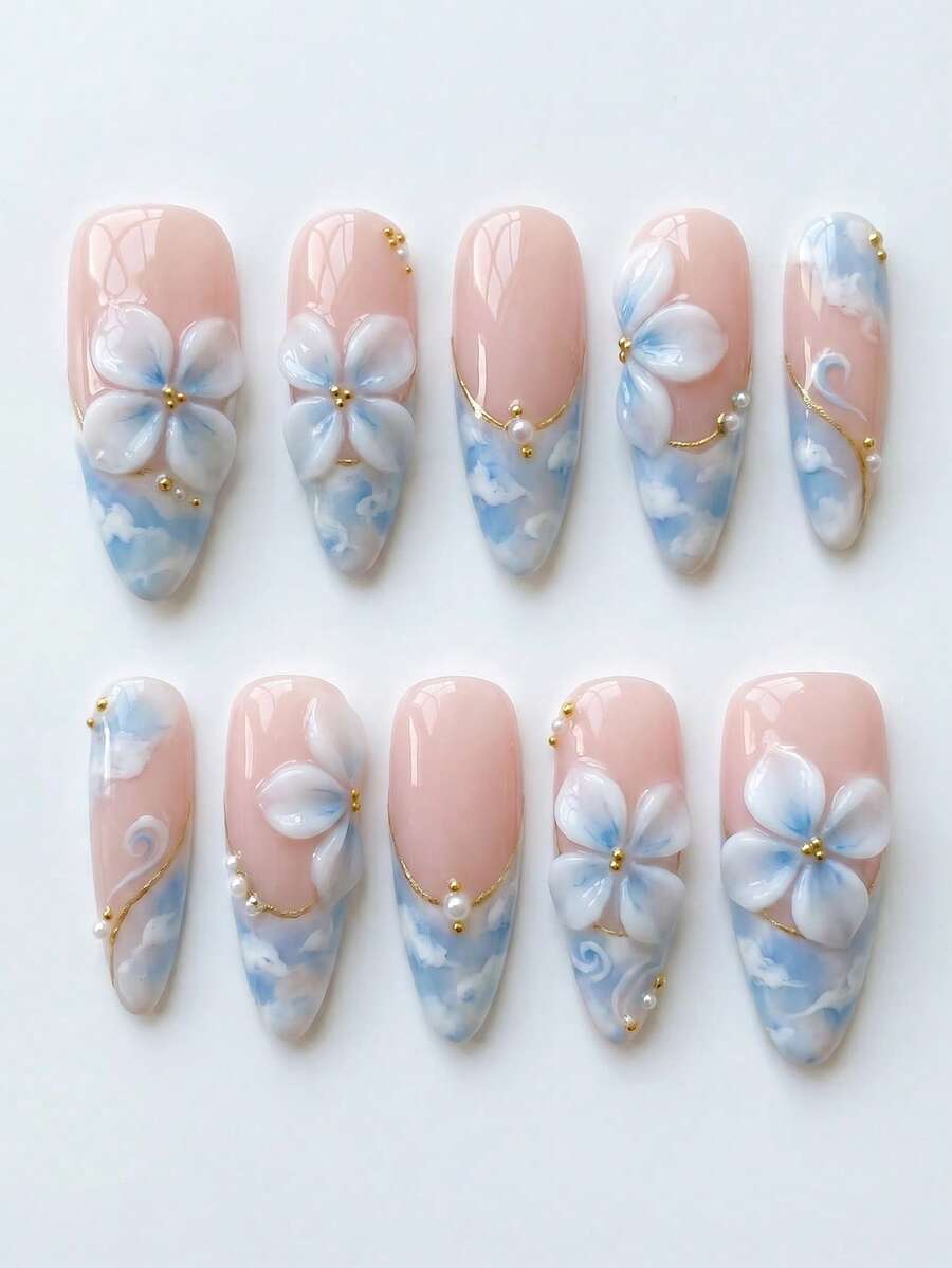 10 PCS Handmade Medium Almond Press On Nails, 3D White Floral & Leopard Print French Tip With Nail Charms, Removable Reusable Nail Supplies Set (Jelly & Nail File Incl.) - Baby Blue - View 1