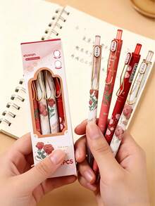 Set 4 Pulpen Ballpoint Tarik Motif Mawar Vintage - Tulisan Halus, Ujung Sedang, Tinta Hitam, Desain Ergonomis, Perlengkapan Alat Tulis yang Lucu, Cocok untuk Sekolah, Kantor, dan Penggunaan Sehari-hari - Sempurna untuk Kembali ke Sekolah, Halloween, Natal - pulpen - View 5