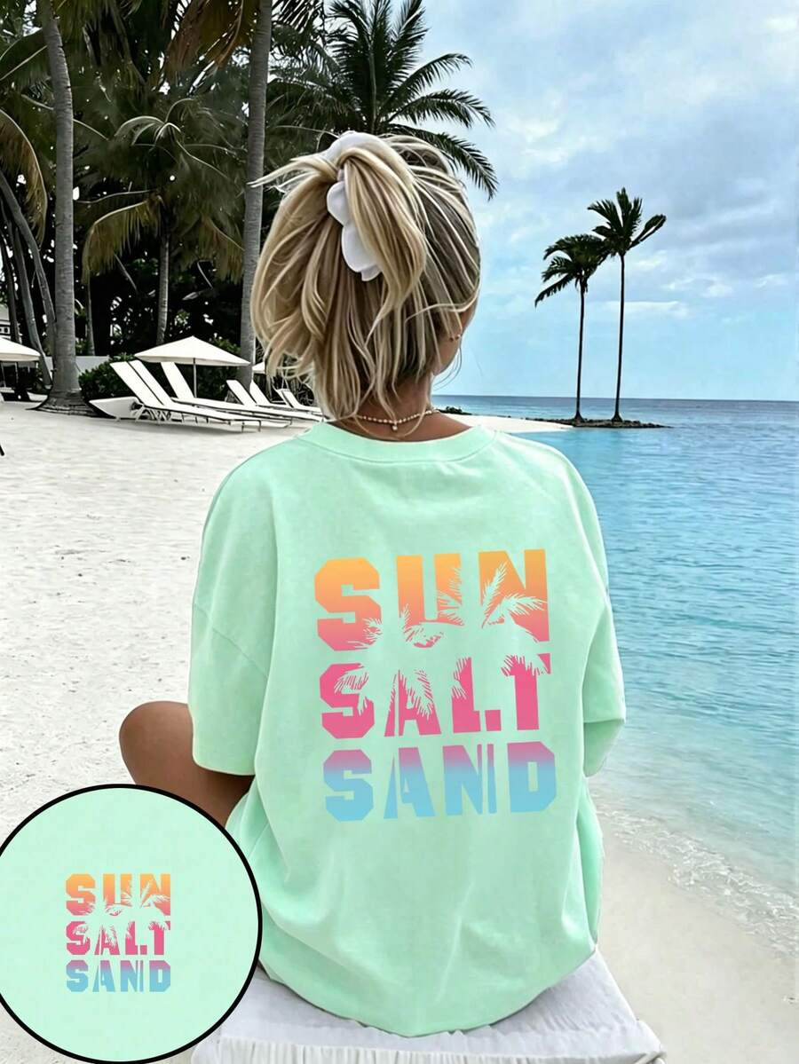 青少年女孩度假風印花T恤,適合旅行與度假穿著,時尚春夏休閒百搭上衣 - 薄荷綠 - 查看 1