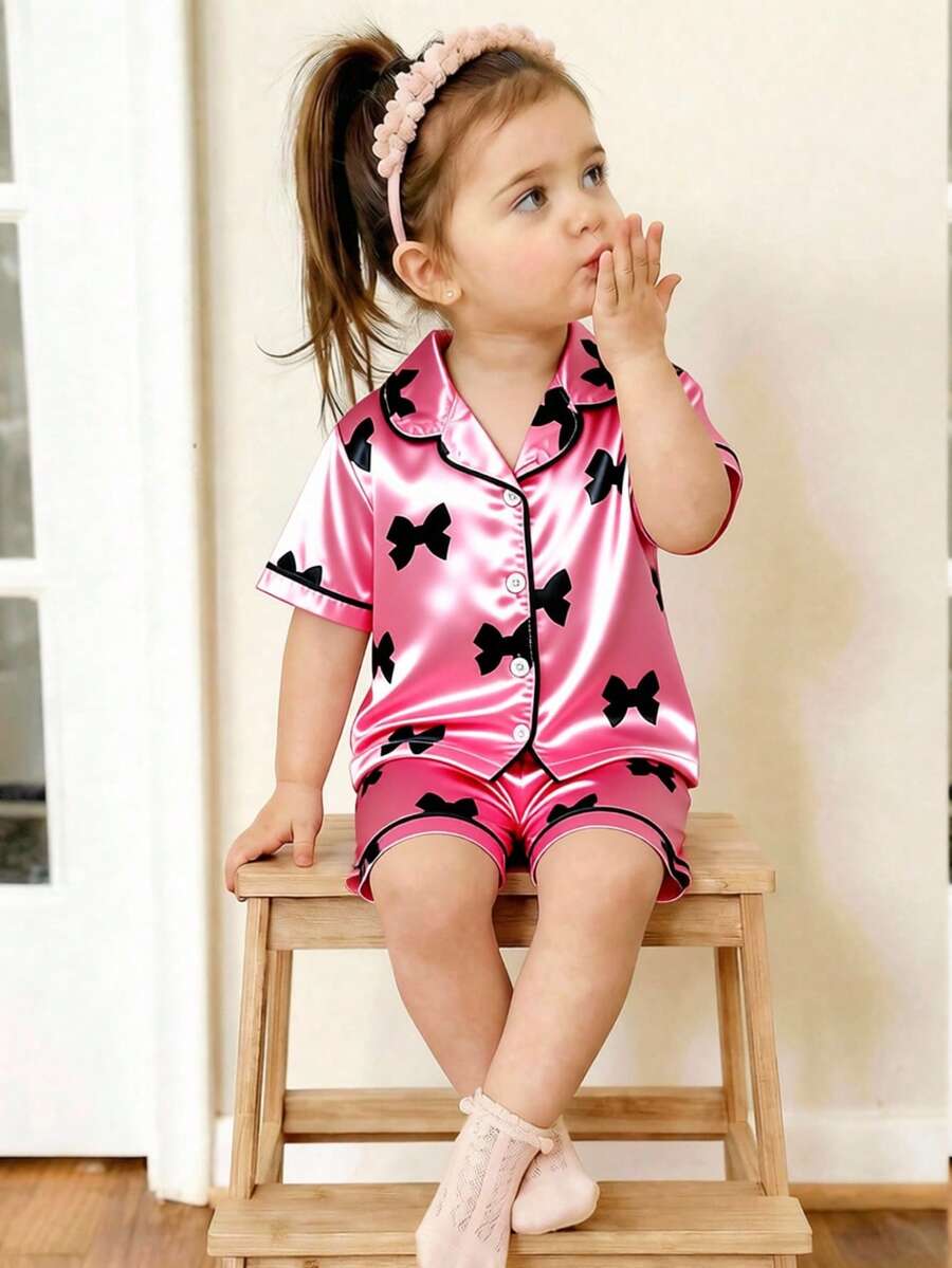 Conjunto de 2 piezas para bebé niña con pantalón corto y blusa de manga corta con estampado de moño, para primavera/verano - Rosa Roja - Ver 1