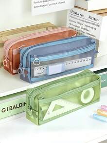 Cute Morandi Plaid Transparent Double-Layer Pencil Case, Large Capacity Mesh Stationery Organizer, Double-Layer Pencil Holder, Large Capacity Transparent Pencil Box, With Handle And Zipper, Portable Travel Makeup Bag, Suitable For Adults, Schools, And Offices. - Multicolor - View 5