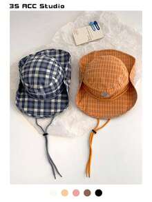 1 Stück Vintage-Karomuster-Patchwork-Kontrastfarben-Kordelzug-Breitkrempel-Fischerhut, Boho-Urlaubs-Frühling-Sommer-Sonnenhut, heller monochromer Look Schnürung-Sonnenschutz-Hut für Reisen und UV-Schutz - Kariertes Schlüsselband - Übersicht 5