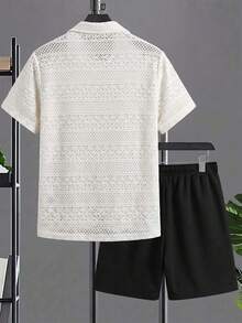 Conjunto informal de 2 piezas de talla grande para hombre, de manga corta, de punto jacquard de verano. Conjunto de polo de unicolor de talla grande para hombre - Multicolor - Ver 3
