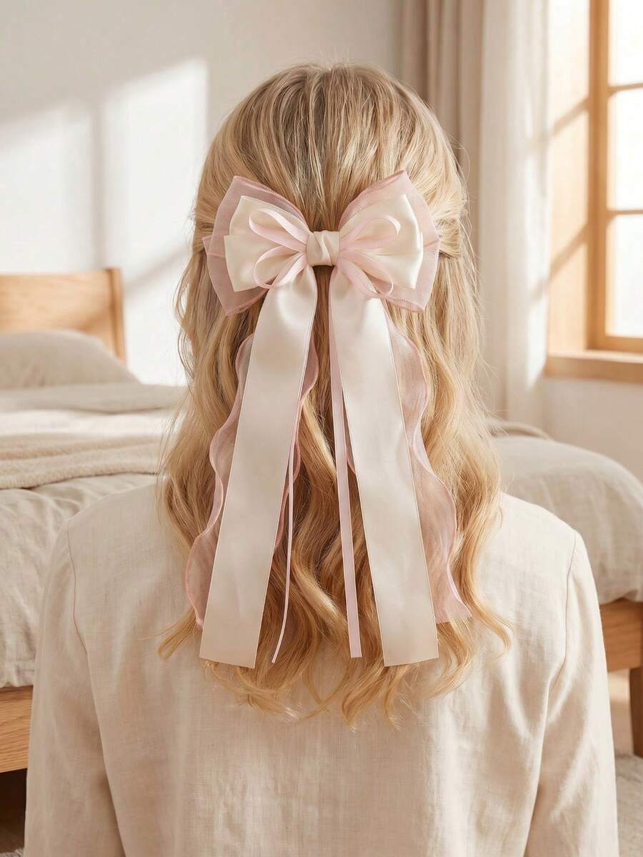 1 Pack Of Streamer Bow Hairpins, Chiffon Solid Color Hair Accessories For Girls, Cute Macaron Hairpins - Multicolor - View 1