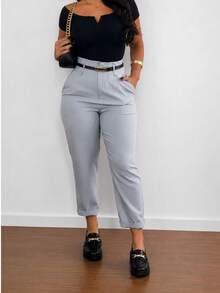 Women's High-Waisted Tailored Trousers With Belt | Elegant Formal Trousers With Pocket And Side Zipper - 02灰 - 查看 2