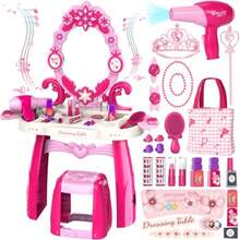 Juego de mesa y silla de cambiador para niños pequeños mesa de maquillaje para niñas con luces de espejo y música juguetes de vestir con secador de pelo corona de princesa y varita bolsa de - Rosa - Ver 9