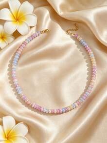 1PC 9mm Natural Stone Beaded Necklace For Women, Boho Oval Bead Choker, Colorful Statement Chain Jewelry, Summer Beach Gift - Multicolor - View 1