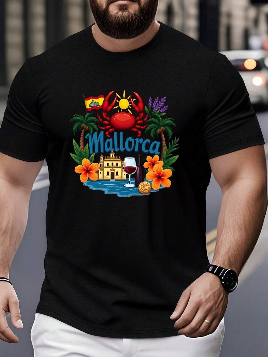 Men's Large Size T-Shirt With A Colorful Flexible Design Featuring Iconic Symbols Of Mallorca. - 黑色 - 查看 1