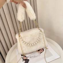 Bolso de mano de piel de conejo y perlas a la moda, bolso cruzado para mujer, diseño de cadena, bolso de hombro pequeño y versátil para invierno - Rojo - Ver 2