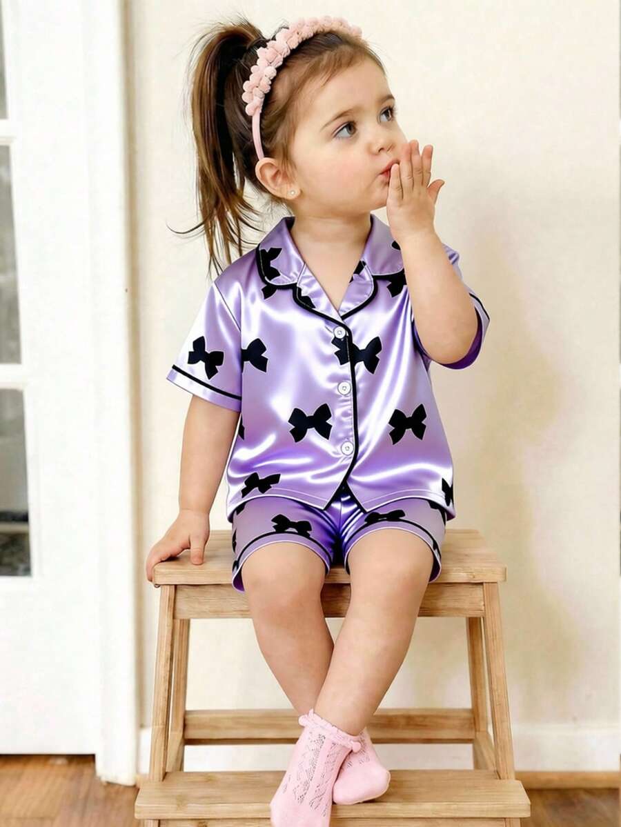 Baby Girls' Bow Print Short Sleeve Shorts Set, Spring/Summer - Lilac Purple - View 1
