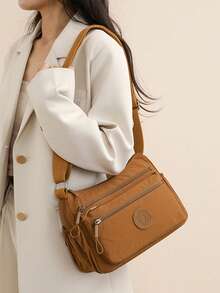 Casual Nylon Shoulder Bag With Adjustable Strap, Multi-Compartment Shoulder Bag, Solid Color, Zipper Closure, Polyester Lining, Lightweight Crossbody Bag Perfect For Daily Use - Orange - View 2