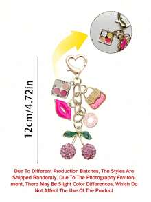 Elegant Exquisite Diamond Inlaid Cherry Pendant Keychain, Makeup Theme Pendant, Y2K Style, With Cute Pink Cherry, Rose Lips, Eyeshadow Palette And Donut Design, Summer Pink, Suitable For Backpack, Handbag, Wallet, Beach Bag, Phone Charm - Multicolor - View 8
