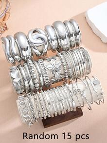 5/15/30pcs Punk Old Money Style Silver Flower Geometric Thick Bangle Set, Women's Beach Party Gift (Random Style) - Silver - View 5