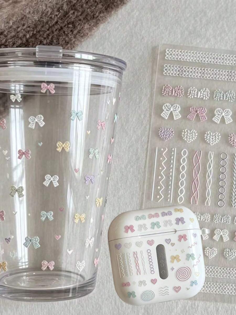 1pc Macaron Button Bear Sticker, Self-Adhesive Style, Suitable For Photo Album, Phone Case, Water Cup, Tablet And Notebook Decoration. Soft Cute Bow, Heart, Plaid Elements, Ins Fresh Color Palette, Versatile Decorative Sticker. - Macaron Knitted Lace - View 1