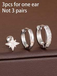 Juego de 3 piezas de pendientes de aro redondos con diseño geométrico francés para mujer, pendientes de botón con estrella brillante, joyería de moda coreana elegante - 3 piezas - Plata - Ver 4