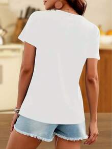 1PC Camiseta casual de cuello en V para mujer con estampado de letra ÉXICO, tejido de poliéster de punto%, manga corta para verano y primavera, ropa de moda para todas las estaciones - Blanco - Ver 2