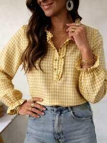 Women's Plaid Ruffle Trim Button Detail Stand Collar Long Sleeve Regular Fit Polyester Blouse - Light Yellow - View 5