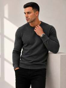 Men's Basic Knitting Sweater Round Neck Long Sleeve - Dark Grey - View 6