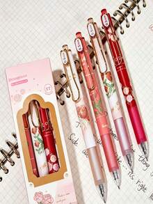 Set 4 Pulpen Ballpoint Tarik Motif Mawar Vintage - Tulisan Halus, Ujung Sedang, Tinta Hitam, Desain Ergonomis, Perlengkapan Alat Tulis yang Lucu, Cocok untuk Sekolah, Kantor, dan Penggunaan Sehari-hari - Sempurna untuk Kembali ke Sekolah, Halloween, Natal - pulpen - View 2