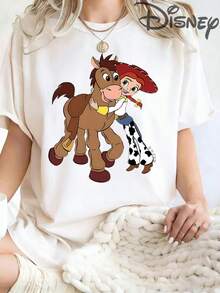 Cowgirl Jessie & Bullseye Horse Toy Story Cartoon Print 100% Cotton Tee, Cute Western Disney Casual Short Sleeve T-Shirt - White - View 1