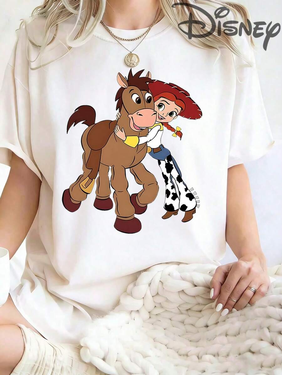 Cowgirl Jessie & Bullseye Horse Toy Story Cartoon Print 100% Cotton Tee, Cute Western Disney Casual Short Sleeve T-Shirt - White - View 1