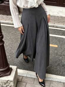 minisummer Women Elegant Fall Dark Grey Pinstripe Maxi Skirt, High Waist Pleated Flared Long A‑Line Skirt - Black - View 1