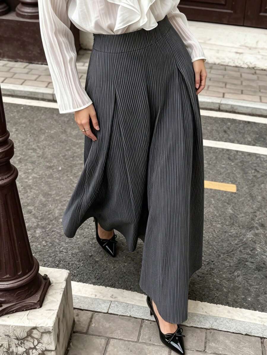 minisummer Women Elegant Fall Dark Grey Pinstripe Maxi Skirt, High Waist Pleated Flared Long A‑Line Skirt - Black - View 1