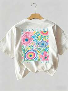 2026-Fashionable Summer Cotton Round Neck T-Shirt For Girls, Floral Print And Sunshine State Of Mind Back Writing, Casual, Medium Stretch, Vintage Style, - White - View 1