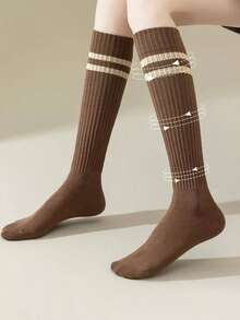 2 Pairs Women's Spring/Autumn Versatile College Style Compression Socks, Grey JK Mid-Calf Socks For Loafers, Youthful And Beautiful, Enhancing Leg Shape - Coffee Brown - View 4
