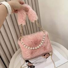 Bolso de mano de piel de conejo y perlas a la moda, bolso cruzado para mujer, diseño de cadena, bolso de hombro pequeño y versátil para invierno - Rojo - Ver 1