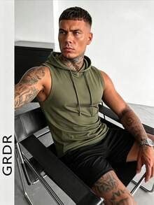 GRDR 男士纯色抽绳连帽休闲百搭背心 - 軍綠色 - 查看 2