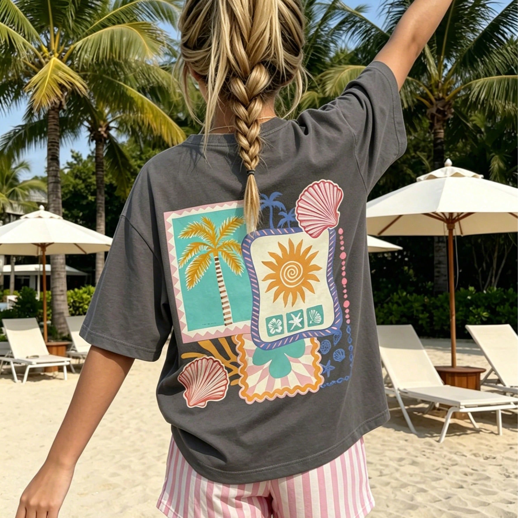 Camiseta de manga corta con estampado tropical de verano para niñas preadolescentes, ropa casual para estudiantes jóvenes, preparada para que las ni