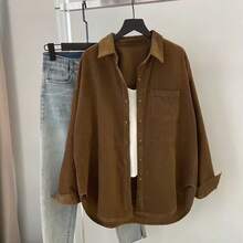 Women's Casual Brown Corduroy Polyester Shirt, Long Sleeve, Button Front, Drop Shoulder Design, Suitable For Daily Wear Or Layering - Coffee Brown - View 5