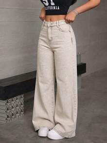 Jeans rectos y holgados de mezclilla lavado efecto levantador de glúteos elásticos sueltos varios colores disponibles - Albaricoque - Ver 4