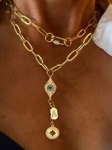1PC Gold Circular A-Z Letter Necklace, Paired With Devil's Eye Compass Letter Chain, For Ball, Party, Date, Special Occasion, Anniversary - Yellow Gold - View 1