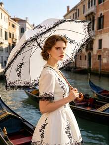 Butterfly Lace Edge Black Parasol, Dual-Use For Sun And Rain, UV Protection Sun Umbrella With Vintage Lace Trim, Lightweight And Compact, Suitable For Beach, Travel, Daily Commute, Outdoor Walks, Perfect For Women, Girls, Ladies, Great Father's Day Gift, Independence Day Essential, Graduation Season Essential, Summer Accessory - Multicolor - View 2