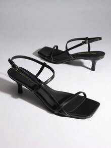 Women Kitten Low Heel Sandals Square Open Toe Ankle Strap Party Wedding Dressy Heeled Sandals - màu đen - Xem 1