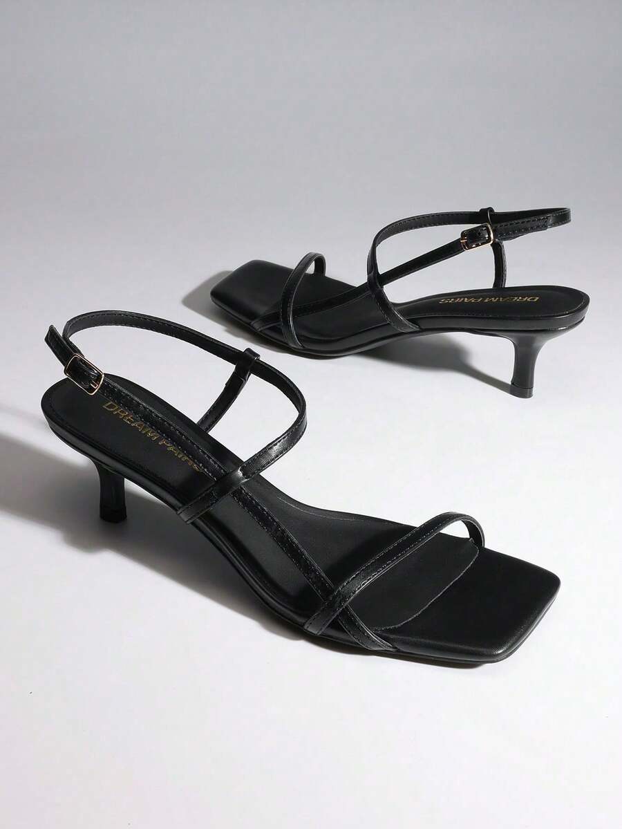Women Kitten Low Heel Sandals Square Open Toe Ankle Strap Party Wedding Dressy Heeled Sandals - màu đen - Xem 1