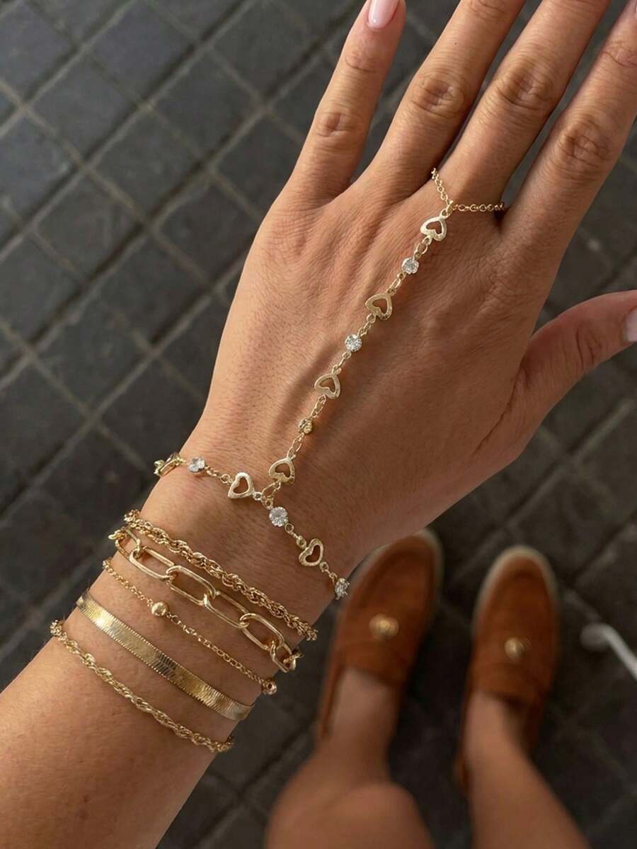 6pcs Fashionable Personalized Versatile Daily Hollow Heart Rhinestone Multi-Chain Layered Bracelet Set, Suitable For Daily Wear, Gatherings, Parties, Gift For Girlfriend And Best Friend - Yellow Gold - View 1