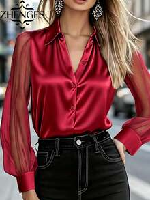 1pc Women's Solid Color Satin Front Button Elegant Fashionable Mesh Patchwork Long Sleeve Blouse, Suitable For Office, Vacation, Daily Wear, Festivals, All Seasons Spring - Wine Red - View 1