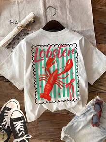 Haut d'été 2026 en coton à col rond, haut printemps/été pour femme avec imprimé recto verso, style frais, imprimé rayures homard, tendance, polyvalent, décontracté, homme - Blanc - Voir 2