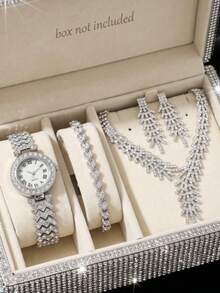 Set de 5pcs de reloj de mujer elegante y moderno con correa de acero inoxidable de aleación de cuarzo y Set de joyas, incluye brazalete, collar, aretes, completamente decorados con pedrería. - Plateado - Ver 1