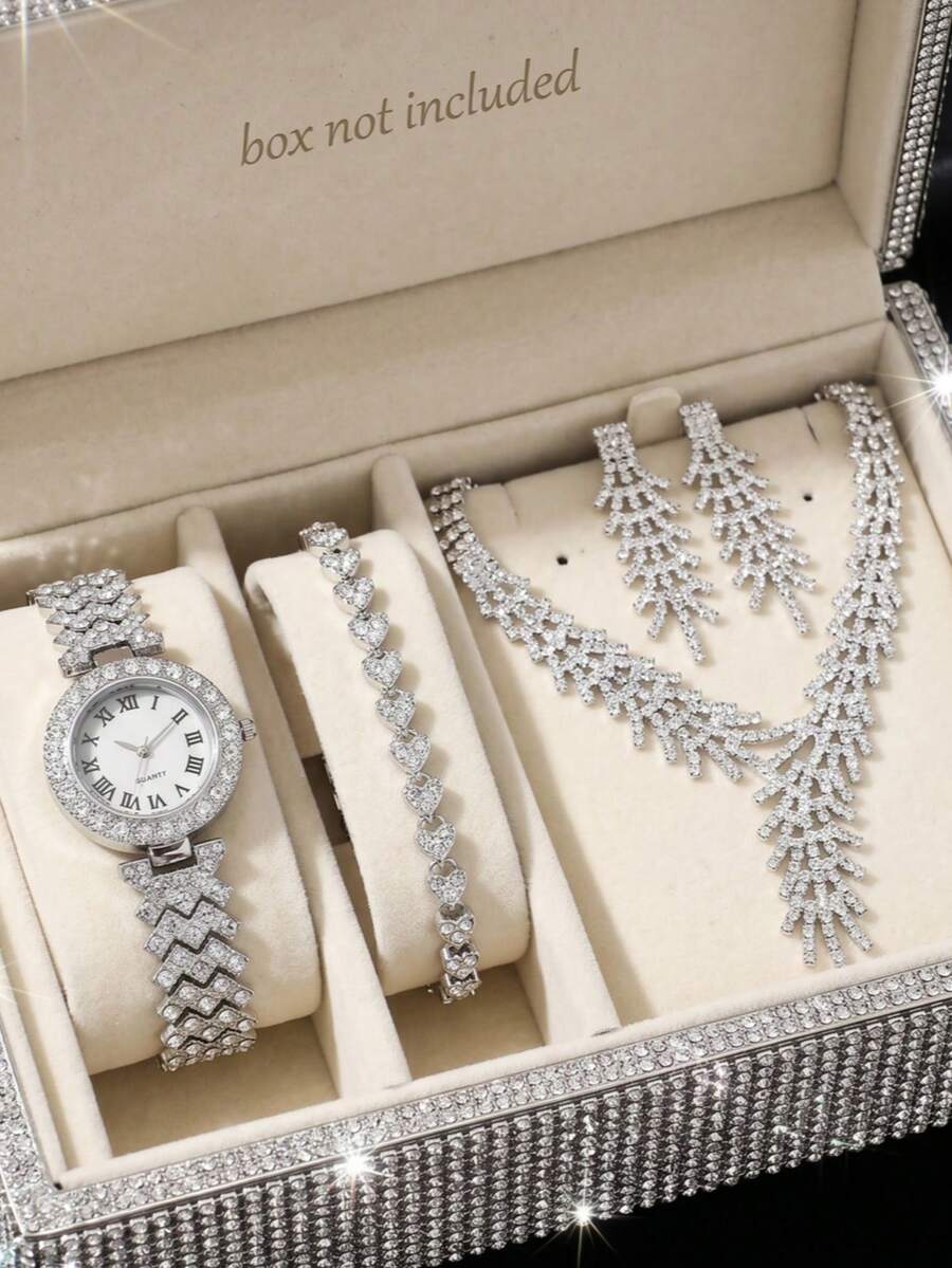 Set de 5pcs de reloj de mujer elegante y moderno con correa de acero inoxidable de aleación de cuarzo y Set de joyas, incluye brazalete, collar, aretes, completamente decorados con pedrería. - Plateado - Ver 1