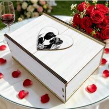 Wooden Bride & Groom Floral Silhouette Wedding Keepsake Box, Heart-Shaped Wooden Storage Box For Photos, Cards, Rings, Elegant Nostalgic Keepsake Gift For Newlyweds, Couples Memory Chest, Romantic Anniversary Treasure Box - View 1