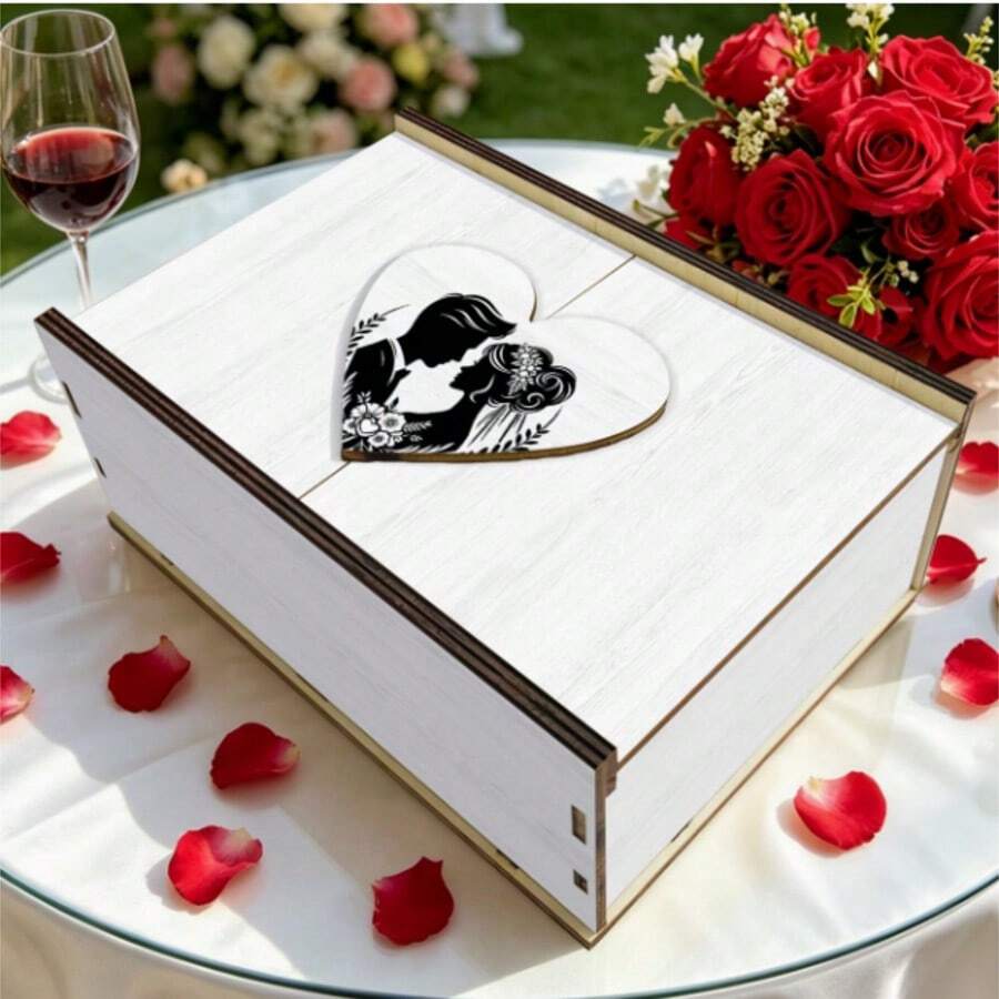 Wooden Bride & Groom Floral Silhouette Wedding Keepsake Box, Heart-Shaped Wooden Storage Box For Photos, Cards, Rings, Elegant Nostalgic Keepsake Gift For Newlyweds, Couples Memory Chest, Romantic Anniversary Treasure Box - View 1