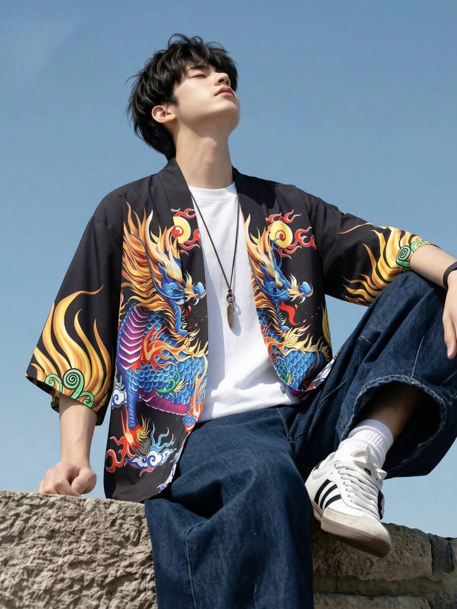 Majestic Qilin 3/4 Sleeve Robe, Auspicious Cloud & Flame Print Loose Casual Kimono Cardigan For Men - Black - View 1