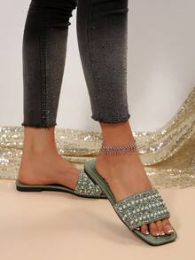 1 Pair Plus Size Black 3-Row Bead Fashion Elegant Solid Color Party New Style Luxury Non-Slip Outdoor Vacation Beach Comfortable Versatile Rhinestone Pearl Flat Square Toe Open Toe Indoor Home Slippers 41-43 Daily Women's Plus Size - Army Green - View 5