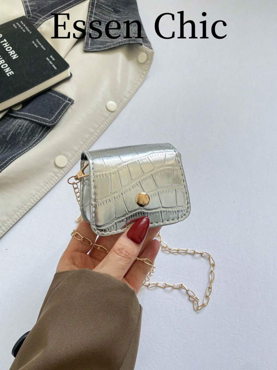 1 pieza Monedero bandolera cuadrado mini de PU de unicolor con decoración de remaches de metal y relieve de cocodrilo retro, nuevo para verano, plateado, para mujer - Plateado - Ver 1